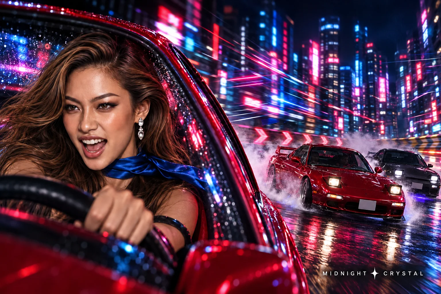 ZIA at the wheel in the neon-lit Dallyeo music-video artwork